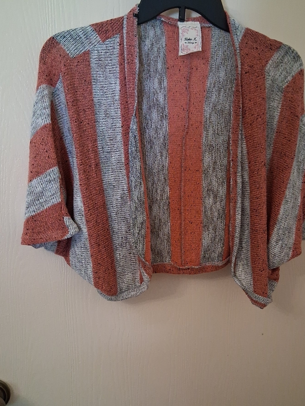 Robin K Open-Front Striped Knit Cardigan in Pink and Gray